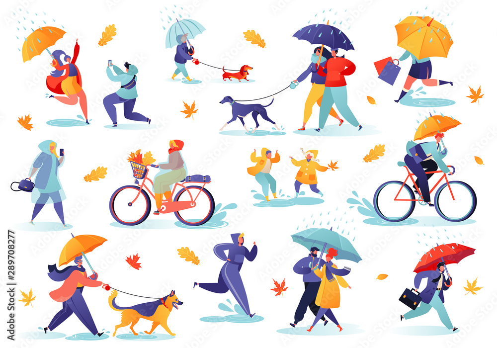 Collection of flat people characters walking under umbrella on autumn rainy day. Active people in the park. Autumn outdoor. Crowd of tiny men and women under rain or rainfall. Early warm autumn.