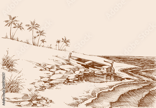 Empty beach drawing at the end of summer, a boat on shore. Palm trees in the background, lateral view