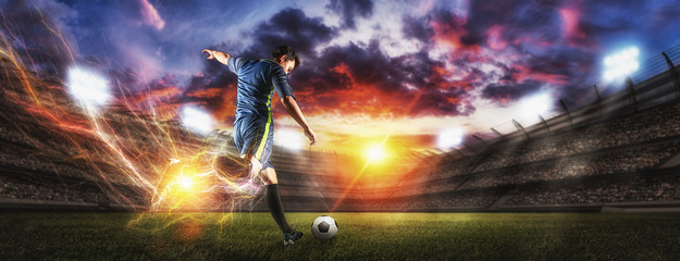 Soccer players in action on sunset stadium background