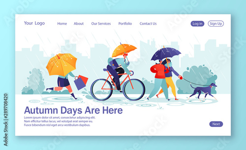Concept of landing page with flat people characters walking under umbrella on autumn rainy day. Сouple walks dog, woman run with shopping purchases, businessman riding bicycle.Template for web design 