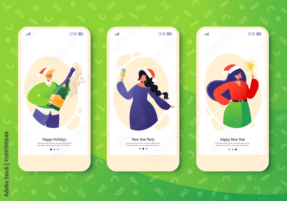 Obraz Template for mobile app, page onboard screen set on winter holidays theme. Website layout with flat people characters celebrating New Year with champagne, sparklers and toast. Concept for website.