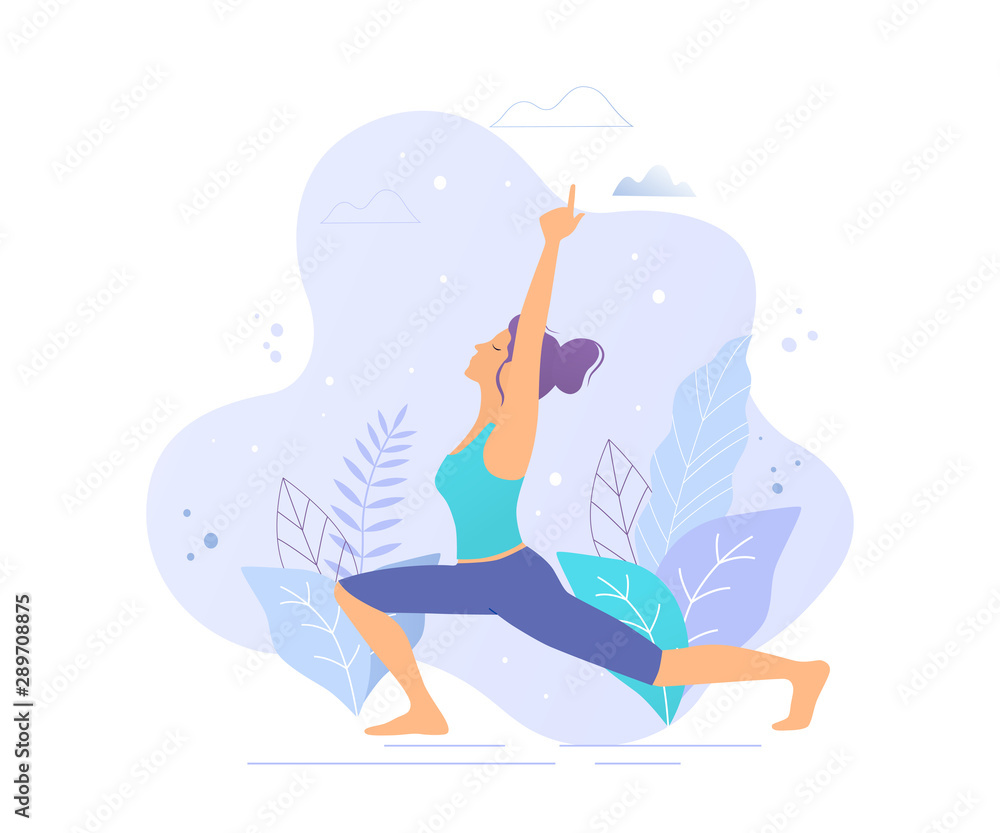 Yoga girl in a park vector illustration. Healthy lifestyle.