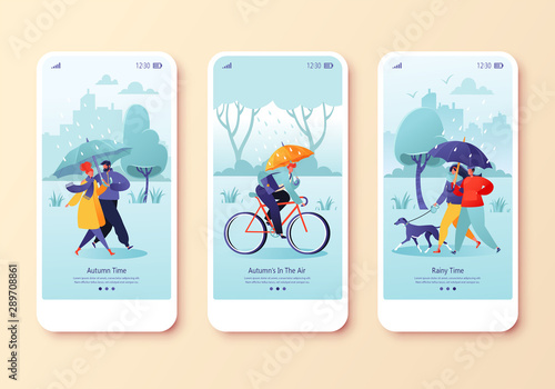 Happy people walking in autumn rain, concept for website or web page. Couple walking under umbrella, businessman rides to work on bicycle, young couple walking dog. Mobile app page onboard screen set.