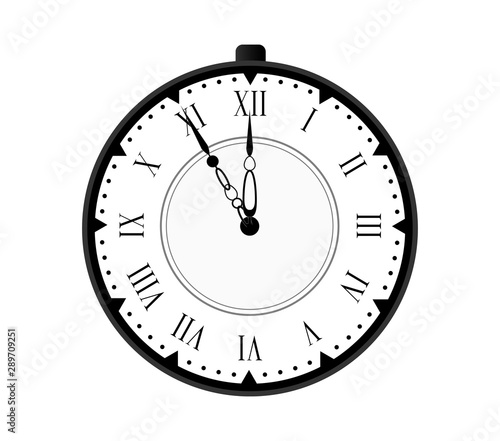 Elegant old black vintage clock face with roman numerals isolated on white background. Clip art