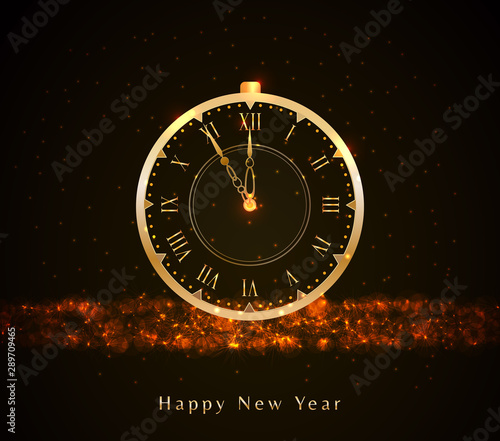 Happy New Year background with golden vintage clock, glitter light, sparkles, bokeh and text. Holiday web banner, poster, greeting card or invitation, end of year template