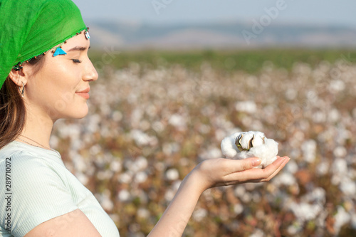 young woman farmer holding cotton in the cotton agriculture field