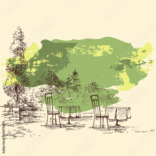 Restaurant terrace sketch, grunge paint banner for text