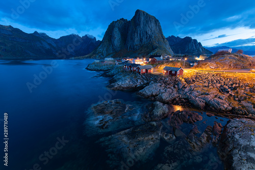 Fishermen cabins in the Hamnoy village at night, Lofoten Islands, Norway