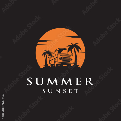 Summer car logo template. Summer car retro badge. Beach sunset emblem vintage background. 
