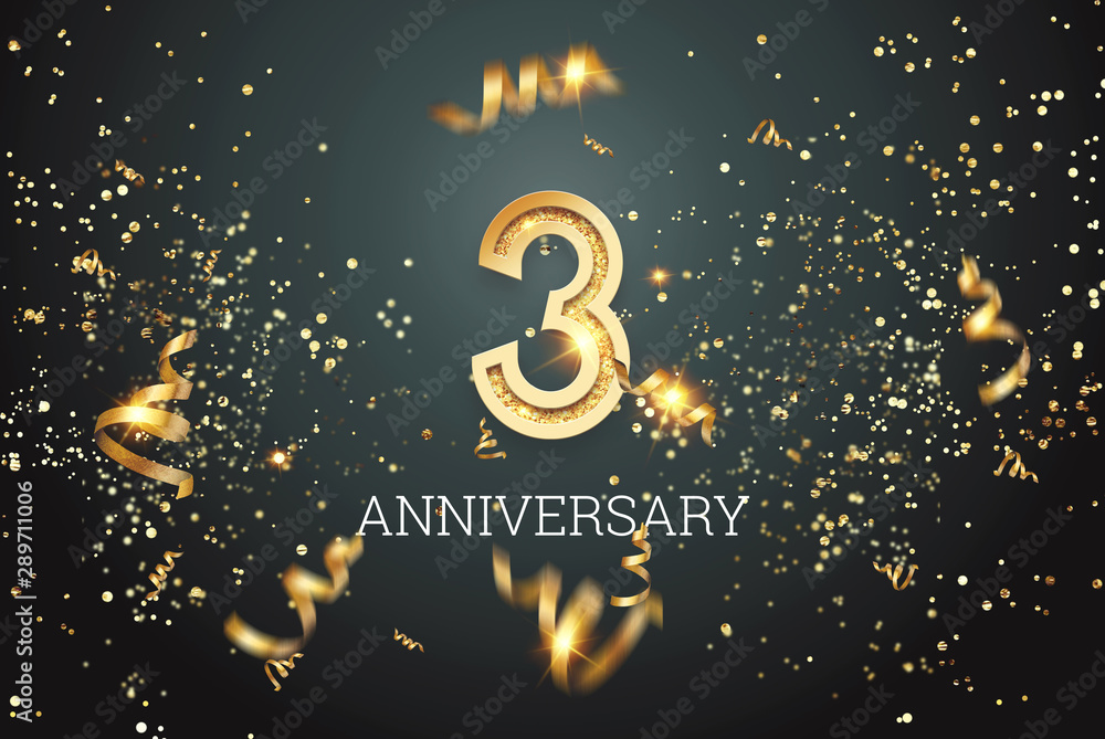 Golden numbers, 3 years anniversary celebration on dark background and confetti. celebration template, flyer. 3D illustration, 3D rendering - obrazy, fototapety, plakaty 