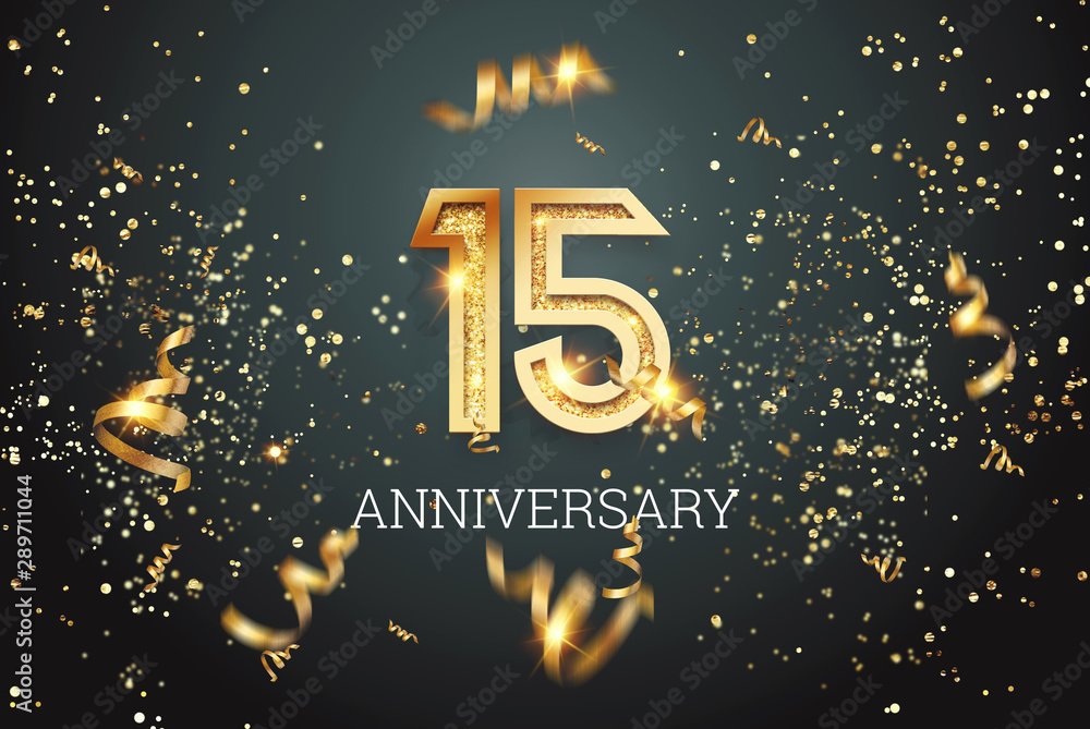 Golden numbers, 15 years anniversary celebration on dark background and