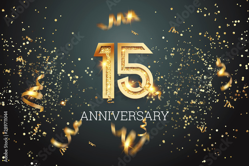 Golden numbers, 15 years anniversary celebration on dark background and confetti. celebration template, flyer. 3D illustration, 3D rendering photo