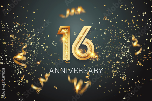 Golden numbers, 16 years anniversary, adulthood on a dark background and confetti. celebration template, flyer. 3D illustration, 3D rendering. photo