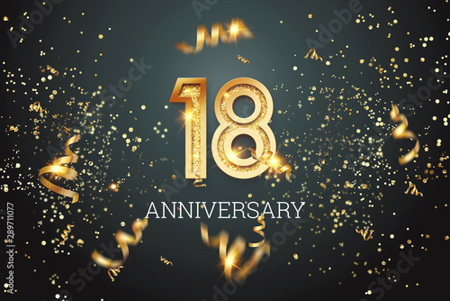 Golden numbers, 18 years anniversary, adulthood on a dark background and confetti. celebration template, flyer. 3D illustration, 3D rendering. photo