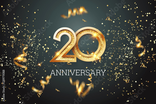 Golden numbers, 20 years anniversary celebration on dark background and confetti. celebration template, flyer. 3D illustration, 3D rendering photo