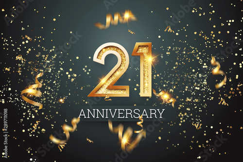 Golden numbers, 21 years anniversary, adulthood on a dark background and confetti. celebration template, flyer. 3D illustration, 3D rendering photo