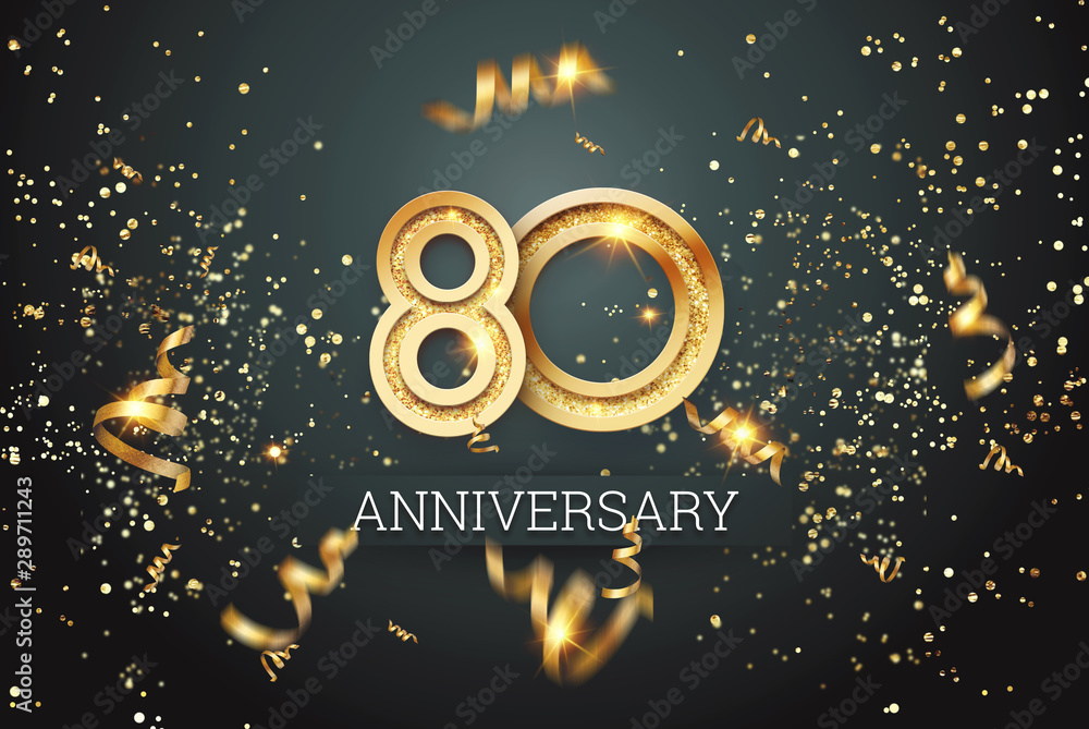 Golden numbers, 80 years anniversary celebration on dark background and confetti. celebration template, flyer. 3D illustration, 3D rendering - obrazy, fototapety, plakaty 