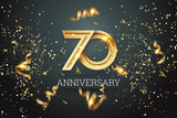 Golden numbers, 70 years anniversary celebration on dark background and confetti. celebration template, flyer. 3D illustration, 3D rendering