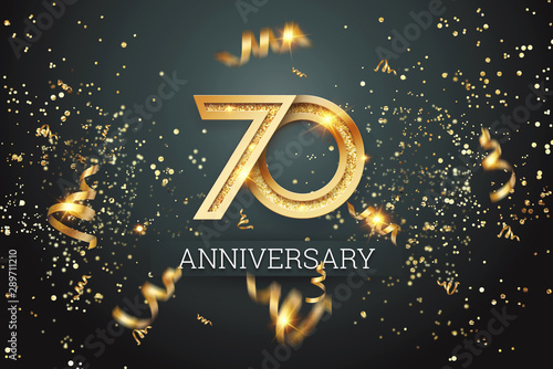 Golden numbers, 70 years anniversary celebration on dark background and confetti. celebration template, flyer. 3D illustration, 3D rendering photo