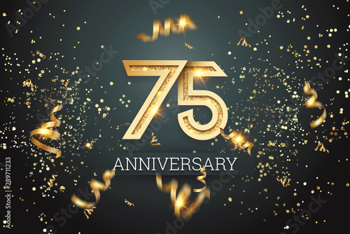 Golden numbers, 75 years anniversary celebration on dark background and confetti. celebration template, flyer. 3D illustration, 3D rendering photo