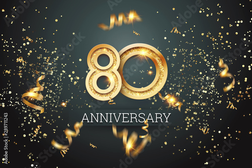Golden numbers, 80 years anniversary celebration on dark background and confetti. celebration template, flyer. 3D illustration, 3D rendering