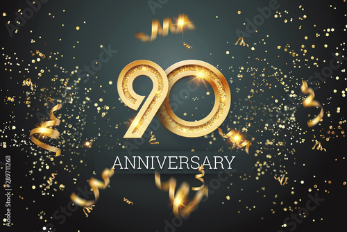 Golden numbers, 90 years anniversary celebration on dark background and confetti. celebration template, flyer. 3D illustration, 3D rendering photo