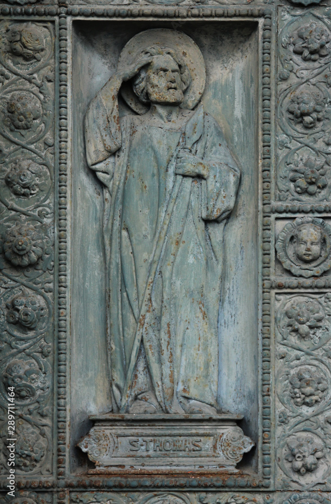 Saint Thomas, detail of door of Saint Vincent de Paul church, Paris