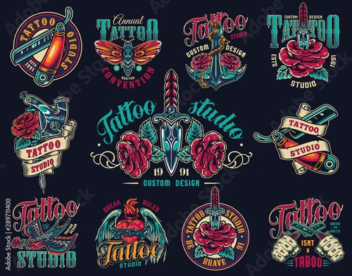 Vintage tattoo studio colorful prints