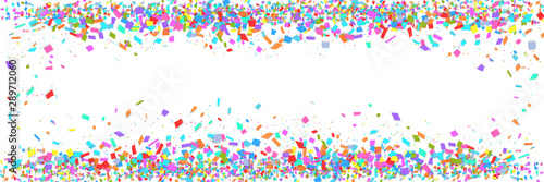 Colorful confetti border isolated on white background with copy space. Abstract frame template for holiday banner, birthday or children party, carnival, wedding invitation, greeting card