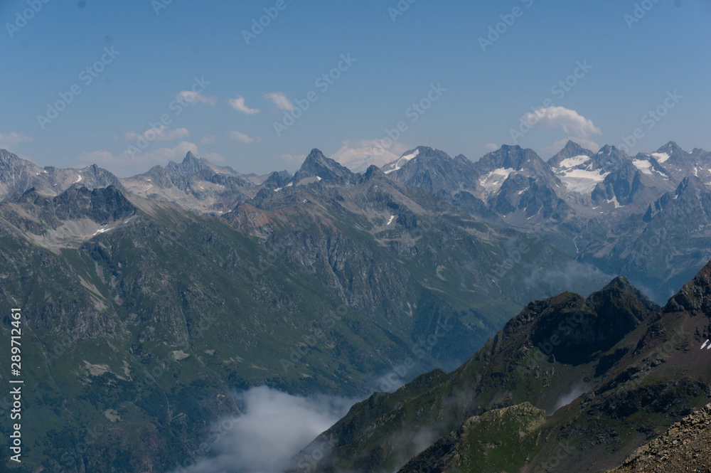 Panorama of the Caucasian ridge and Elbrus viewed from a peak near dombay, 2019, raw original