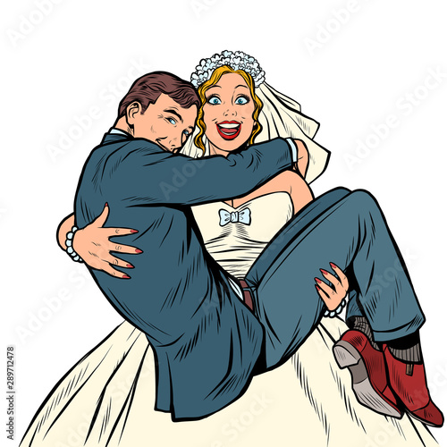 The bride carries the groom. Marriage and love. Man and woman couple