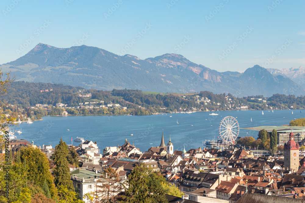 Bird eye view of Luzern or Lucerne town in Switzerland