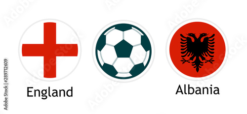 England versus Albania - Vector banner for soccer competition. Illustration with round national flags and football ball