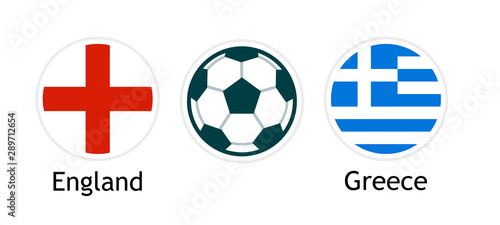 England versus Greece - Vector banner for soccer competition. Illustration with round national flags and football ball.