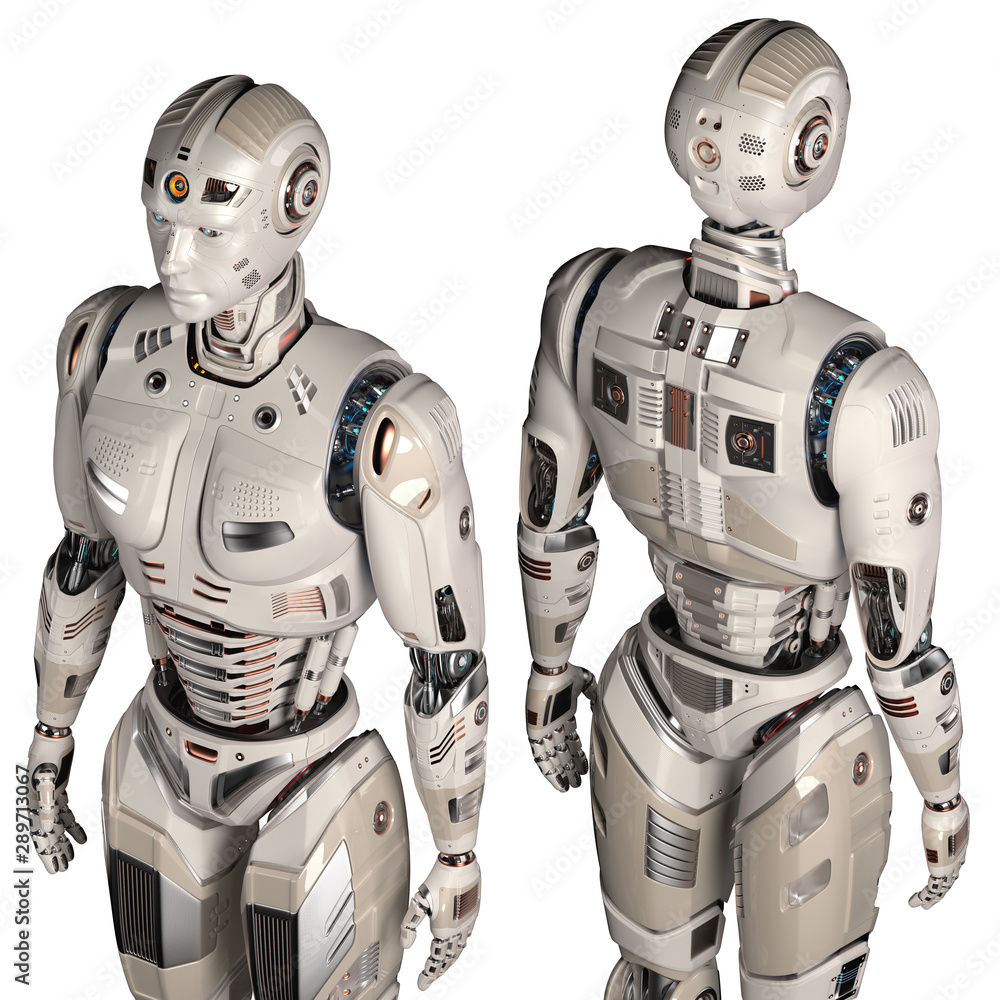 Two very detailed futuristic robots or android cyborgs standing. Front left and back right views. Isolated on white background. 3D Illustration Two very detailed futuristic robots or android cyborgs standing. Front left and back right views. Isolated on white background. 3D Illustration