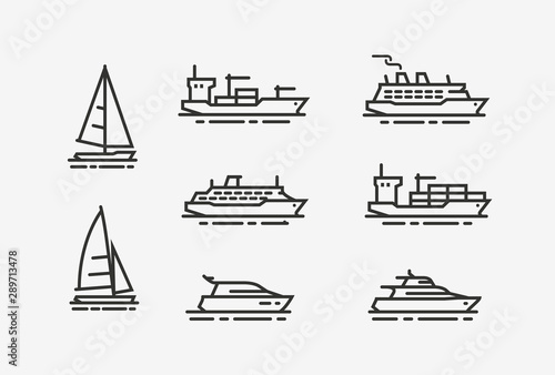 Ship icon set. Shipping, cruise symbol. Linear style vector illustration