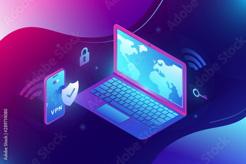 Trendy isometric 3d illustration of vpn security software for computers and smartphones. Notebook and app screen showing vpn connectiion. Gradient vivid electric color template for web banners. photo