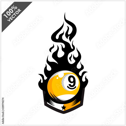 Billiard 9 ball flame badge logo vector
