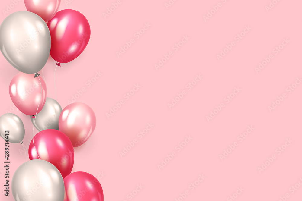 Background with helium balloons. Realistic celebration ballon coral color minimalist creative abstract banner hd quality rose gold studio