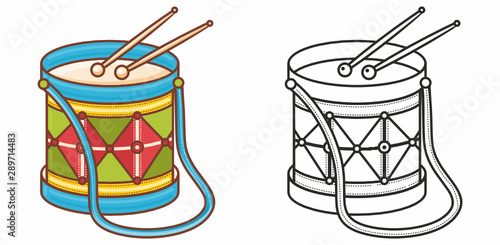 Drum. Drum toy. Musical instrument drum. Children's toy. Festival circle march music drummer, acoustic, Carnival samba percussion with drumstick.Black and color vector illustration for coloring book. 