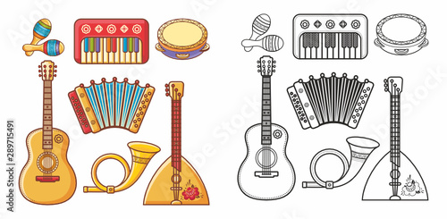 Musical instrument - Violin, drum, accordion, percussion, electric piano, guitar, rhythmix, horn, saxophone, balalaika, maracas. Cute cartoon musical instruments.Musical toy. Design elements set