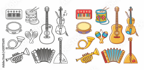 Musical instrument - Violin, drum, accordion, percussion, electric piano, guitar, rhythmix, horn, saxophone, balalaika, maracas. Cute cartoon musical instruments.Musical toy. Design elements set