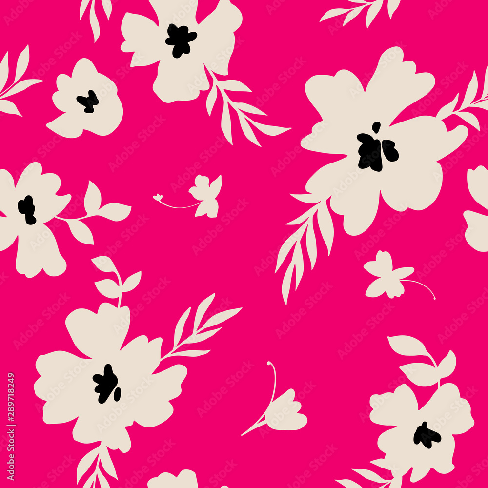 Seamless pattern made of abstract simple flowers. Flat floral ornament. Minimalistic botanical elements. Nature background for fashion, textile design, fabric, clothing, wrapper, surface. Seamless pattern made of abstract simple flowers. Flat floral ornament. Minimalistic botanical elements. Nature background for fashion, textile design, fabric, clothing, wrapper, surface.
