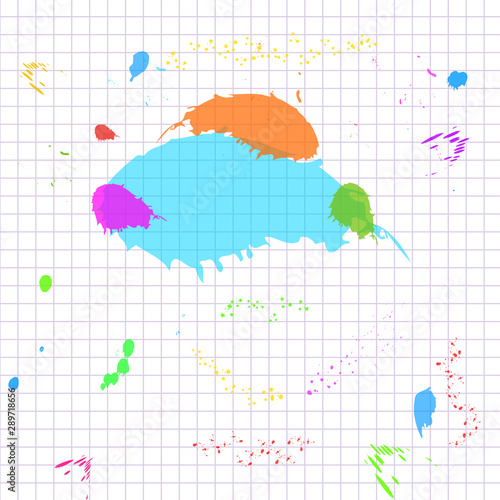 Abstract white grid paper background pattern with colorful paint splashes and splatter. Design template for education, back to school banner, poster, flyer or promotion. Copy space.