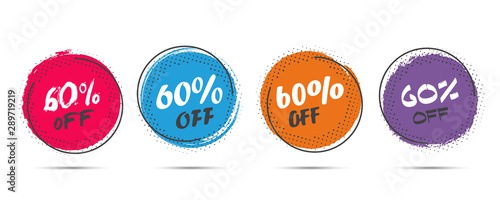 Set of grunge sticker with 60 percent off in a flat design with halftone. For sale, promotion, advertising