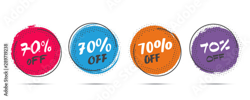 Set of grunge sticker with 70 percent off in a flat design with halftone. For sale, promotion, advertising