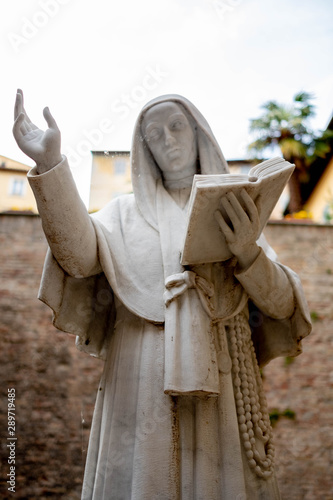 Holy Mary Virgin with book see from bottom. Sacred icon.