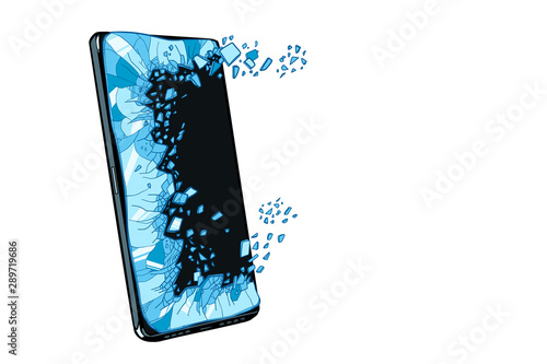 smartphone screen explodes. Defective damaged equipment. Template