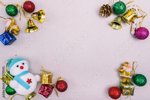 Happy Christmas composition. Gifts, Bell,Ball,Snowman on white background. Christmas, winter, Christmas holiday concept. top view, copy space.