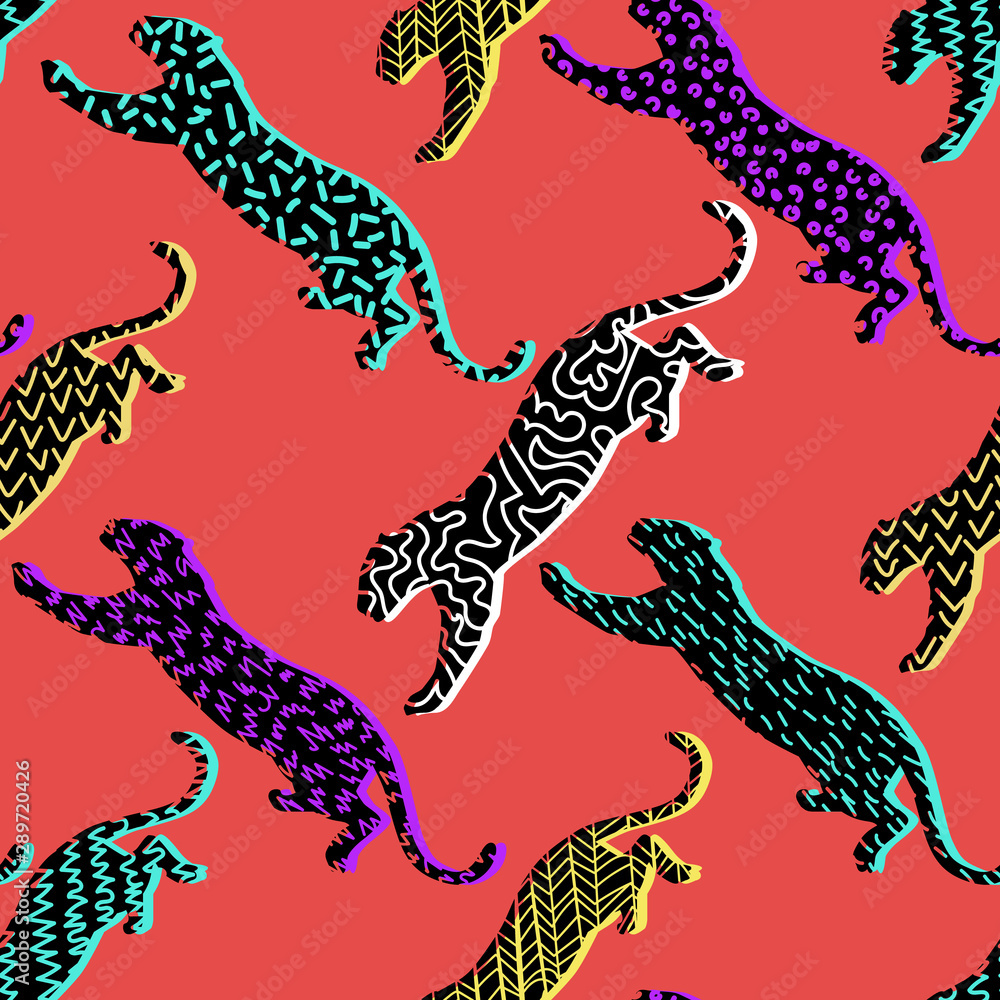 Wildcat Pattern Background Animal seamless pattern. Leopard silhouettes background in a geometric ...